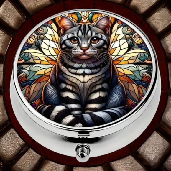 Tabby Striped Cat Pill Box Medicine Mini Steel Case Mirrored Travel Purse Size - Picture 2 of 6